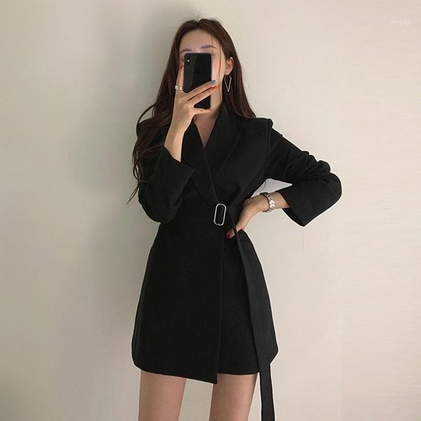 

women blazers 2020 korean women's blazer long suit jacket black blazer with belt female long sleeve womens suit 2020 dd23691, White;black