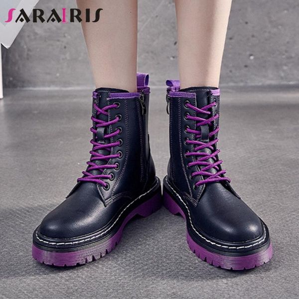 

sarairis fashion solid brand mid calf boots women casual design boots ladies round toe sewing lace up chunky punk winter shoes, Black