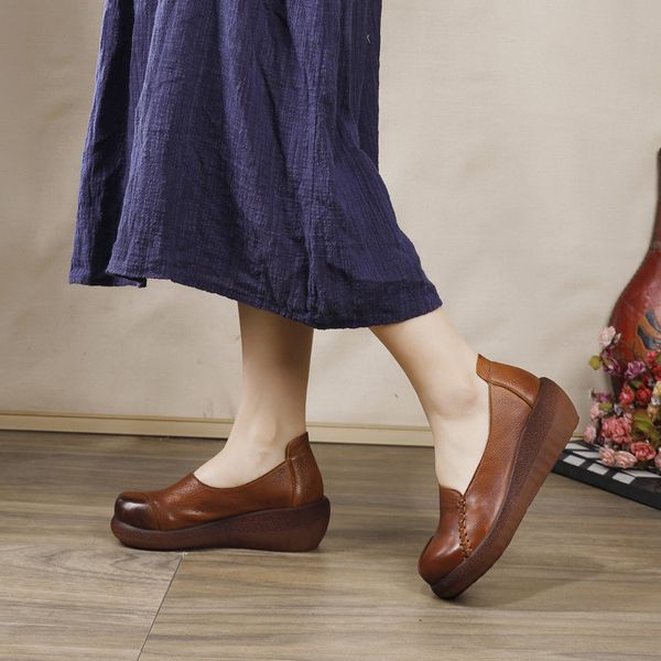 

dress shoes handmade cowhide shallow single women wedges 2021 platform pumps retro round toe lady high heels, Black