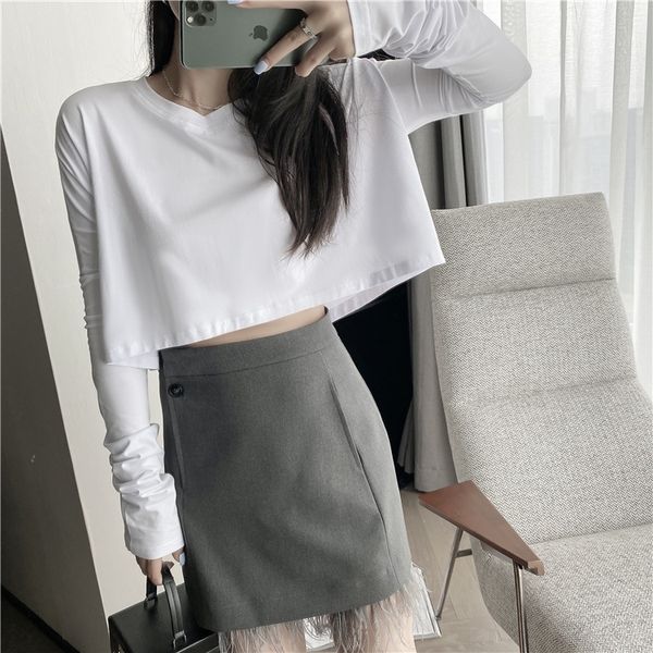 

cinjs new autumn clothes opcoatwomen's long sleeve loose solid color t-shirtkorean versionshort open navel emale f5928 autumn new, White