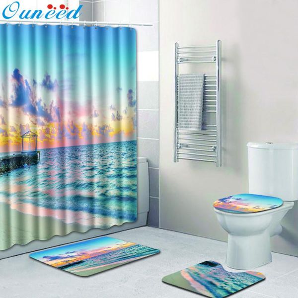 

shower curtains 4pcs blue sky beach print bathroom curtain set non slip pattern waterproof toilet cover mat