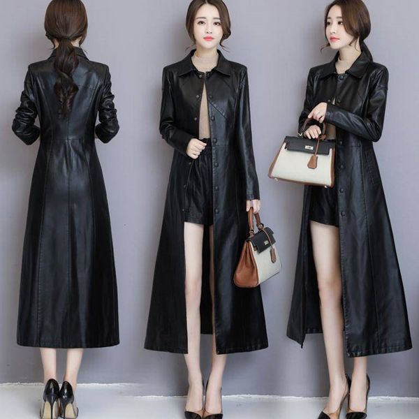 

new black and red leather jacket long coat spring autumn women leather coat long sleeve single breasted pocket female jacket 232