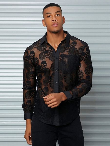 

men skeleton and floral print see through shirt g8a2#, White;black