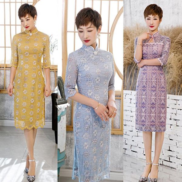

women short lace qipao chinese dress party vintage elegant dress improve modern cheongsam1, Red