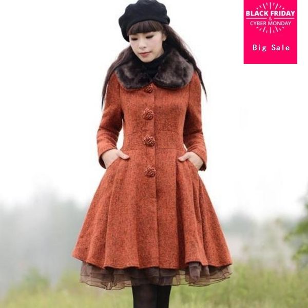 

winter fashion women's jacket thicker warm wool vintage coat long sleeve slim single breasted lace patchwork elegant coat l1670x1020, Black