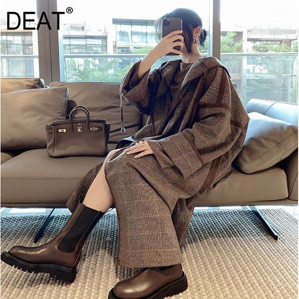 

deat new autumn and winter fashion casua long sleeve hooded patchwork oversize loose profile wool plaid woolen coat women sf6391, Black