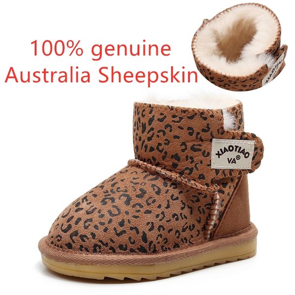 

genuine leather leopard kids winter natural sheepskin baby snow boots hard rubber anti-slip sole girl booties warm shoes, Black;grey