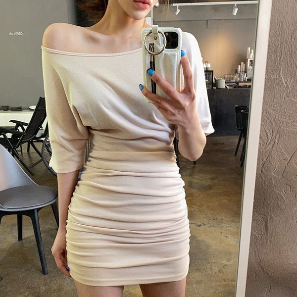 

2020 south korea new slim one line collar slant shoulder short skirt dress skirt shows slim figure tight hips dress woman tbjly, Black;gray