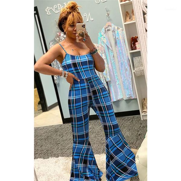 

women bodysuit sleeveless strap plaid print jumpsuit rompers trousers stretch long pants flared bottoms leotard romper overalls1, Black;white