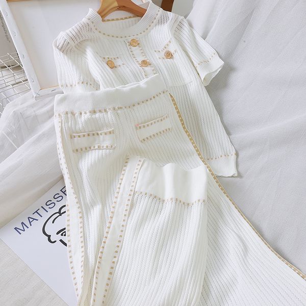 

autumn 2020 white/black knitted women two piece dresses set elegant short sleeve o-neck casual shirts and loose pants 2 piece set