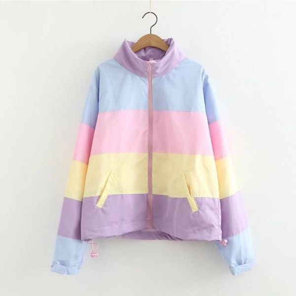 

spring thin rainbow jacket with removable hat female loose rainbow splicing color coats women oversized short windbreaker a92041, Black;brown