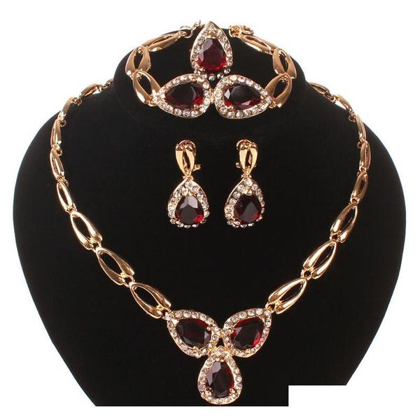 

new coming ruby austrian crystal jewelry sets necklace bracelet earrings ring wedding party costume jewelry set boxes qkeyt, Slivery;golden
