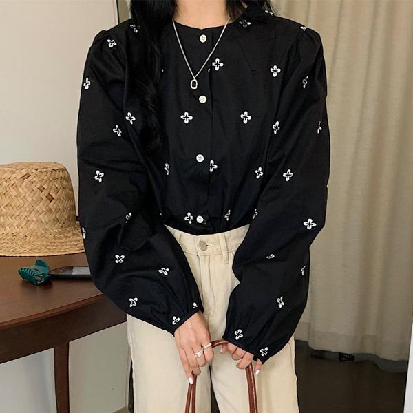 

women's blouses & shirts autumn simple embroidery flowers fresh loose shirt round neck puff sleeve fashion commuter blouse, White