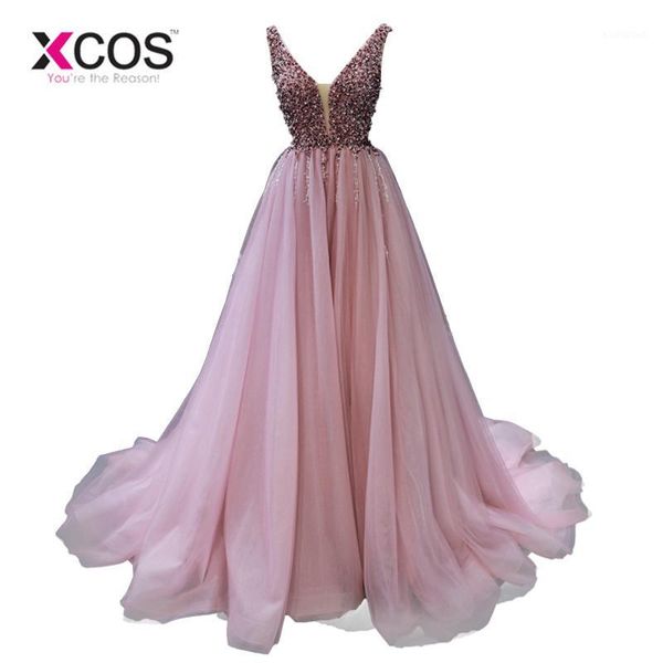 

xcos fashion pink prom dress 2019 crystal beaded v neck tulle elegant long prom gown sweep train plus size ddresses1, White;black
