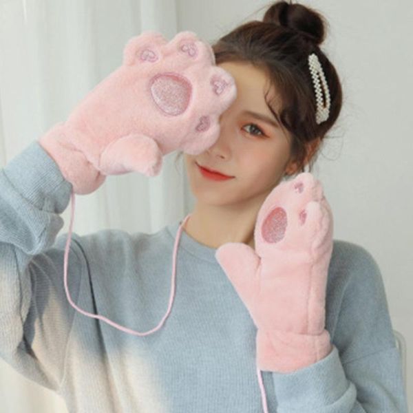 

five fingers gloves korean cute cartoon bear thick plush hanging neck warm mittens winter female faux fur windproof cycling l71l, Blue;gray