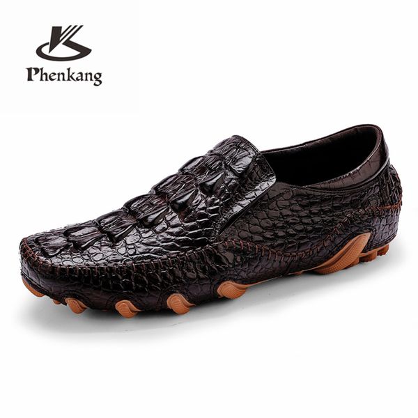 Sapatos casuais masculinos couro genuíno masculino crocodilo Silp on tênis Driving Coffee Soft Daily Pea sapatos de verão masculino preto 2020 LJ201023