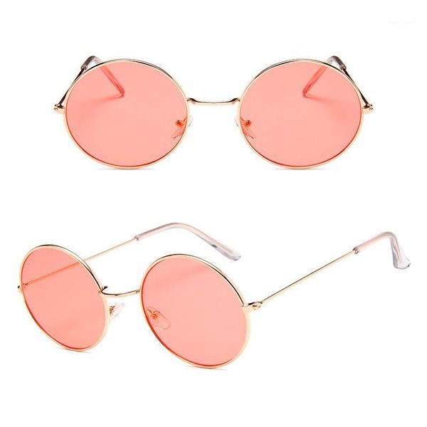 

2020 retro round pink sunglasses women brand designer sun glasses for women alloy mirror female black1, White;black