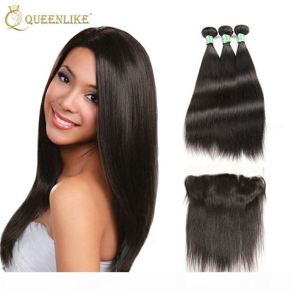 

unprocessed brazilian virgin human 13x4 hair lace frontal clousre with 3 bundles silk sliky straight 1b color dyeable new arrival queenlike, Black;brown