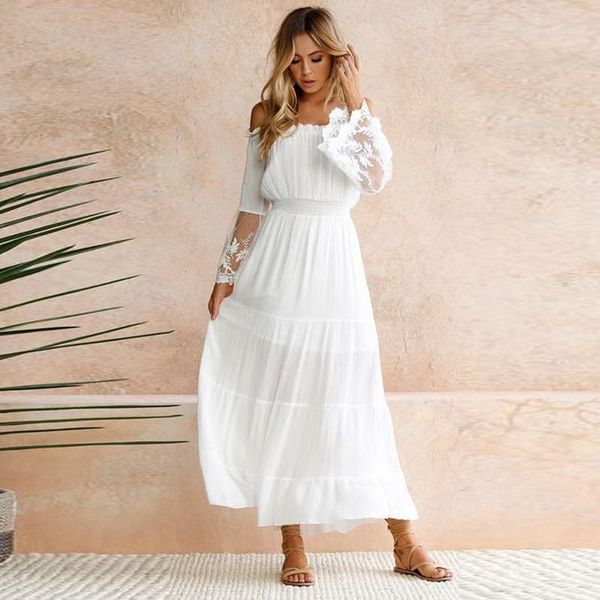 

elegant lace white tunic summer maxi dress women slash neck strapless long sleeve beach boho long dress vintage dresses vestidos1, White;black