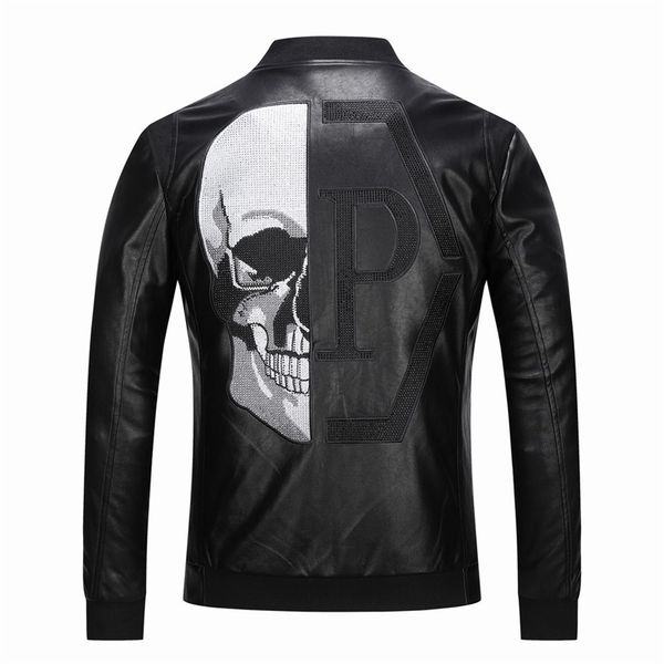 

skull rhinestones pu jackets men black high street stand-neck zipper rib sleeve streetwear motorcycle faux leather coats 201116, Black;brown