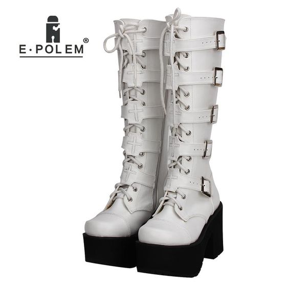 

fashion plus size 34-44 women punk style white/black cosplay boots square toe wedges platform boots leather long