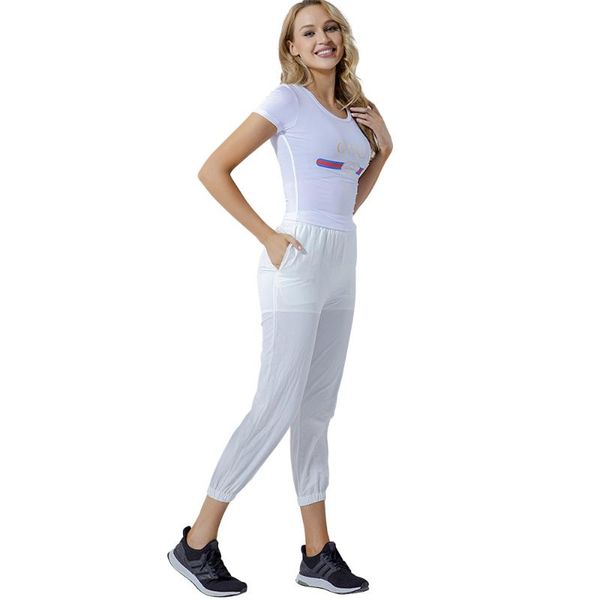 

2021 women yoga suit solid color short sleeve vest high waist sports leisure tights fitness two piece set, White;red