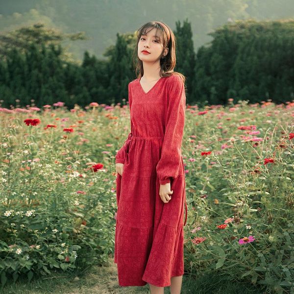 

inman 2021 spring new arrivals women's long sleeve dress shows thin waist retro cotton jacquard v-neck mid length skirt, Black;gray