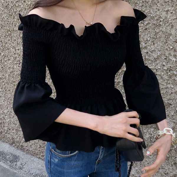 

women french retro solid color wooden ears shirt flared sleeve off shoulder slim three-quarter sleeve blouse1, White