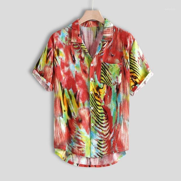 

mens hawaiian shirt multi color lump chest pocket streetwear short sleeve turn down collar round hem shirts blouse plus size1, White;black