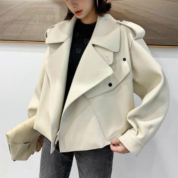 

women's loose lapel pu leather short jacket korean motorcycle solid white black leather outerwear