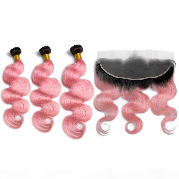 

# 1b розового ombre body wave пучки волос с фронтальной ombre розовых индийских человеческих волос утков тело волнистого 3bundles с 13x4 lac, Black