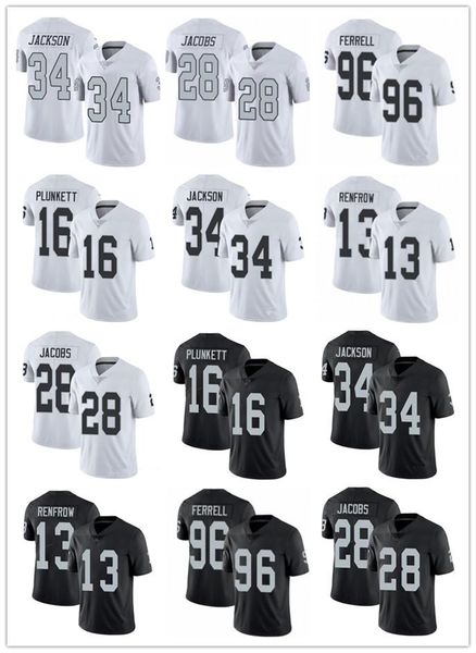 

men women las vegas raiders 34 bo jackson 28 josh jacobs 16 jim plunkett 13 hunter renfrow 96 clelin ferrell football jerseys, Black;red
