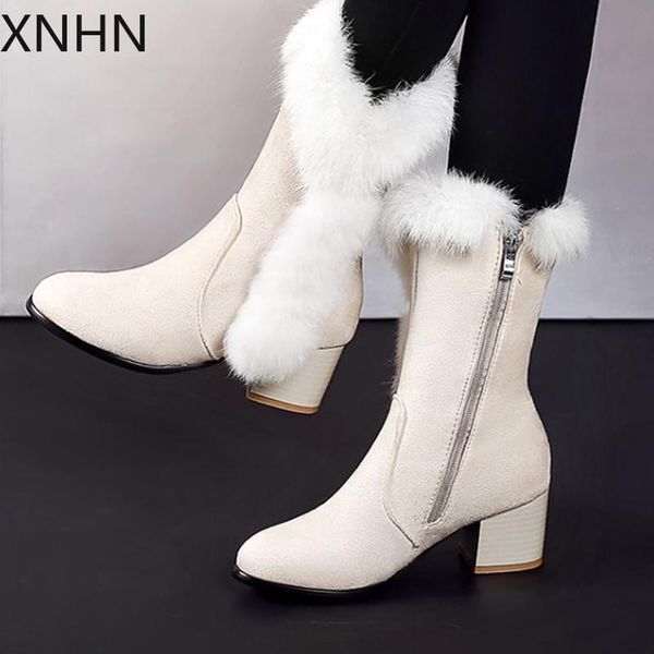 

new winter women boots casual warm fur mid-calf boots shoes women slip-on round toe wedges snow shoes, Black