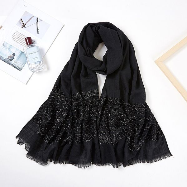 

women long glitter shimmer muslim viscose head wrap hijab scarf female white black solid color tassel fringe scarves shawls y201007, Blue;gray