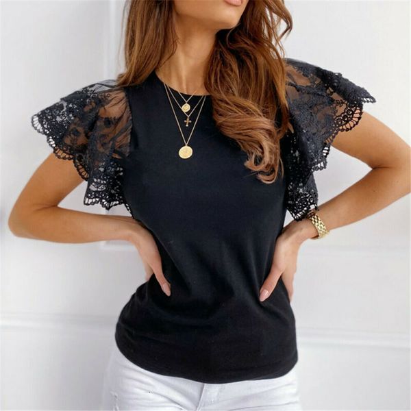 

new women's t shirt lace stitching short sleeves summer wear female casual office lady solid work pullovers, White