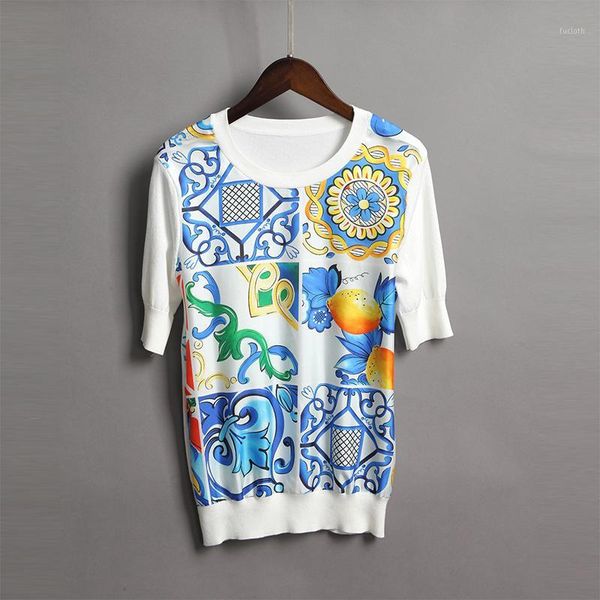 

2018 spring print vintage sweater new short sleeve o_neck slim fashion blue and white porcelain retro pullovers1, White;black