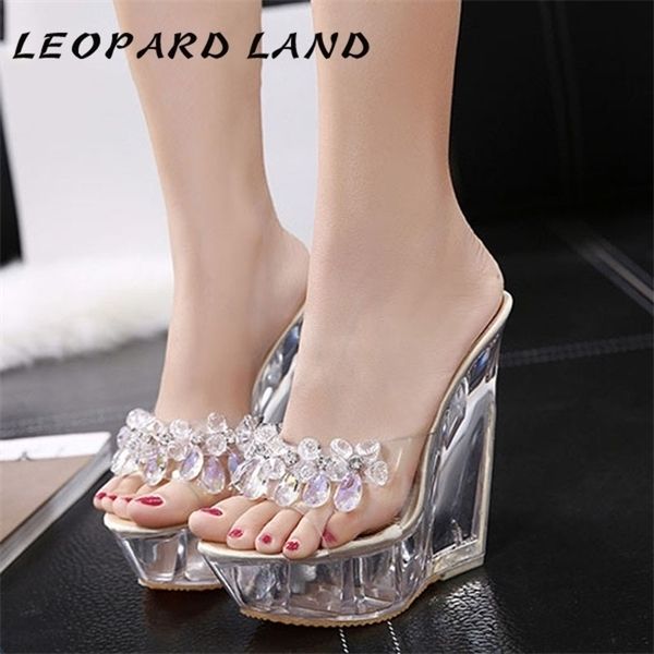 Leopard Land Mulheres Vidro Cristal Count Slippers Slippers Verão Impermeável Plataforma antiderrapante Sexy Super Sandálias Super High Heel LFD-126-55