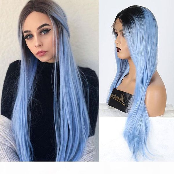 

rongduoyi cosplay wigs for women natural hairline straight hair synthetic lace front wig ombre blue fiberhair two tone wigs, Black