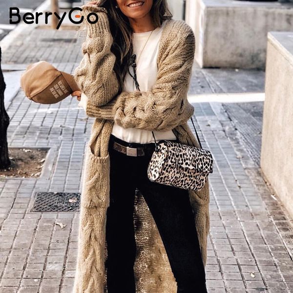 

berrygo vintage mohair long cardigan women sweaters female long sleeve pocket winter cardigans casual knitwear pure jumpers c1030, Black