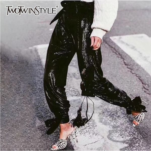 

twotwinstyle heavy sequin pants female high waist bottom bandages trousers for women spring fashion 2020 streetwear new 1020, Black;white