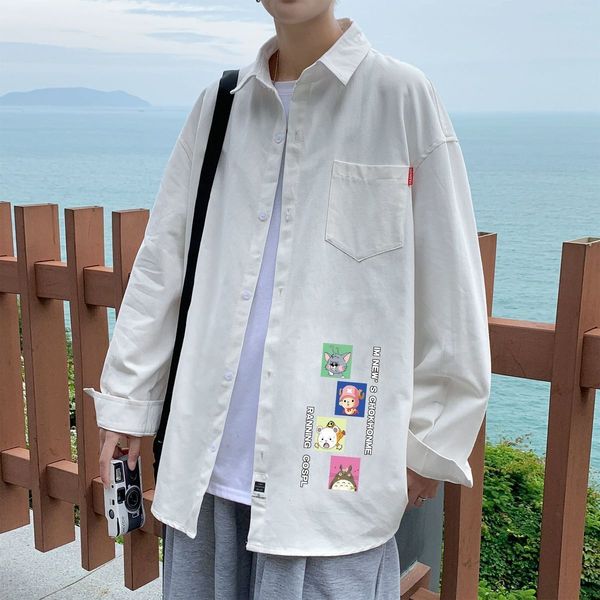 

2021 new privathinker fashion men's long sleeve casual shirt woman japanese streetwear 2021 man oversize shirts clothing printed 2pa2, White;black