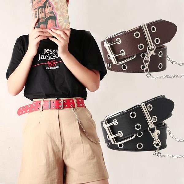 

new design harajuku wide waistband pu leather chain double grommet hole buckle belt female waist strap belts for women jeans2021, Black;brown