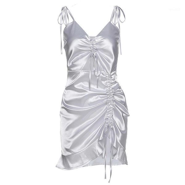 

casual dresses womens skinny solid color adjustable straps slip dress ruffled v neck navel exposed summer party club evening mini dress, Black;gray