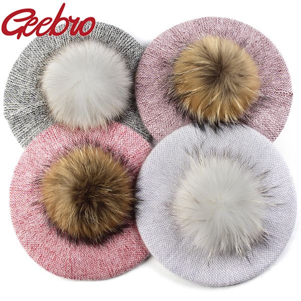 

geebro new fashion women angora rabbit beret 15 cm real ball pom poms female bonnet caps winter warm walking hats beanie hat 201026, Blue;gray