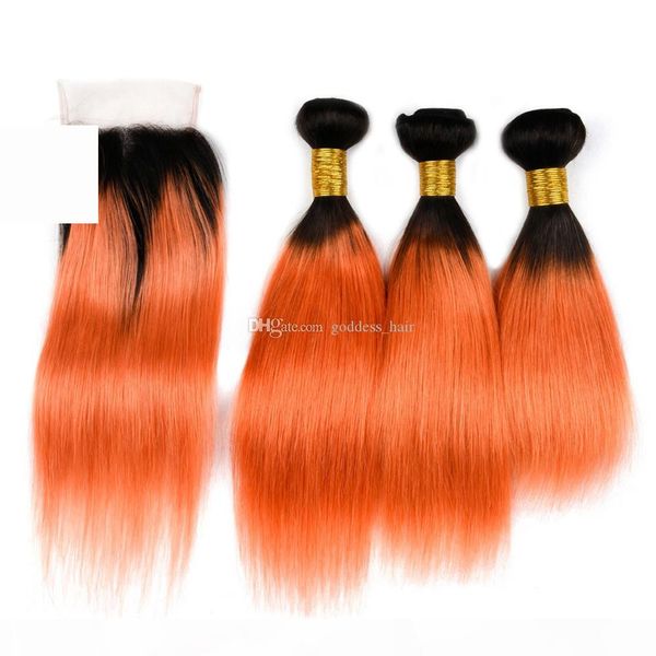 

new product 1b orange hair extensions with lace closure ombre color straight human hair weaves 1b 350 with lace closure 4pcs lot, Black
