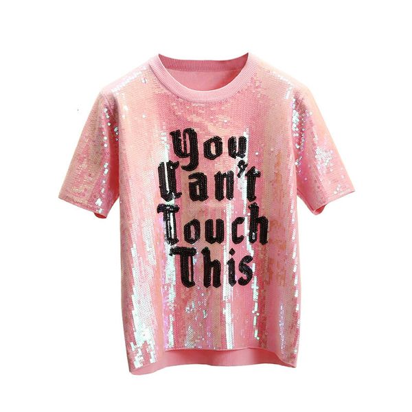 

new high street women's of luxury sequins lyrics 2021 female summer crocheted pink punk t-shirts sweet o-neck t-shirt skai, White