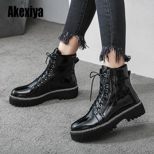 

new fashion european style black ankle boots flats round toe black lace-up boots woman platform patent leather shoes u461