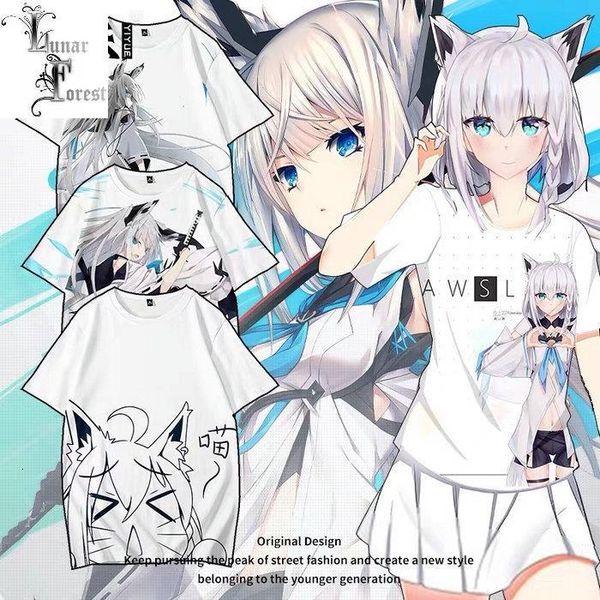 

vtuber shirakami fubuki 3d printing t-shirt summer fashion round neck short sleeve popular streetwear plus size, White;black