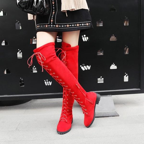 

big size skinny over-knee boots, front cross strap boots, side zipper and velvet boots, Black