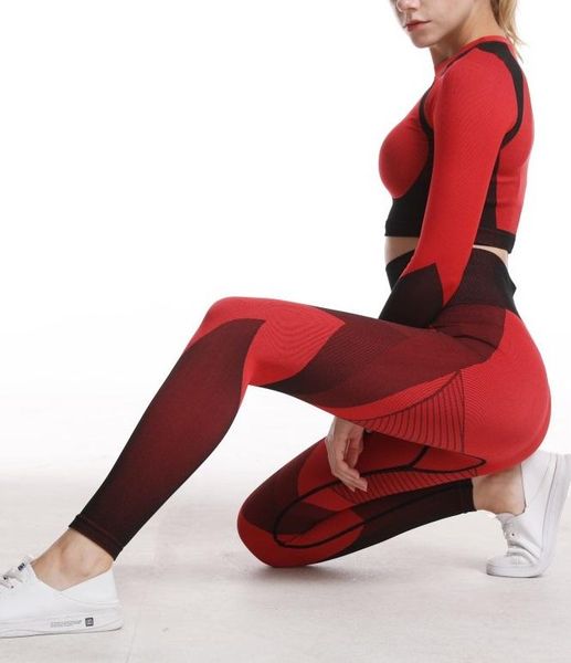 

autumn seamless designer 2pcs sport suit womens long sleeve yoga sets patchwork gym clothing workout fitness crop high waist set, Gray